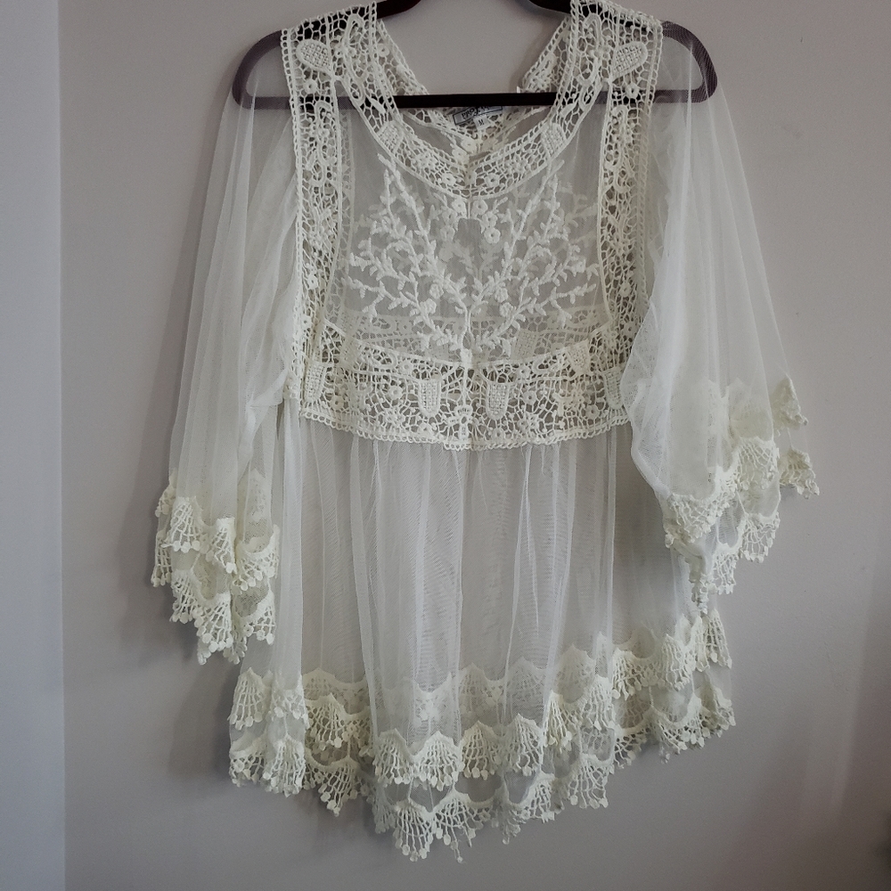 Sheer Boho Lace & Crochet Long Sleeve Top